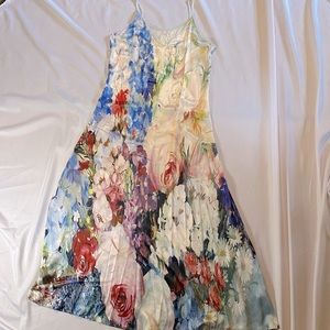 Satiny cocktail maxi dress, size large, floral spaghetti straps
